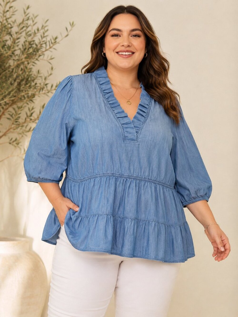 Crown & Ivy Chambray Ruffle Peplum Tunic Top 3X Cottagecore Coastal Grandma - Picture 1 of 8